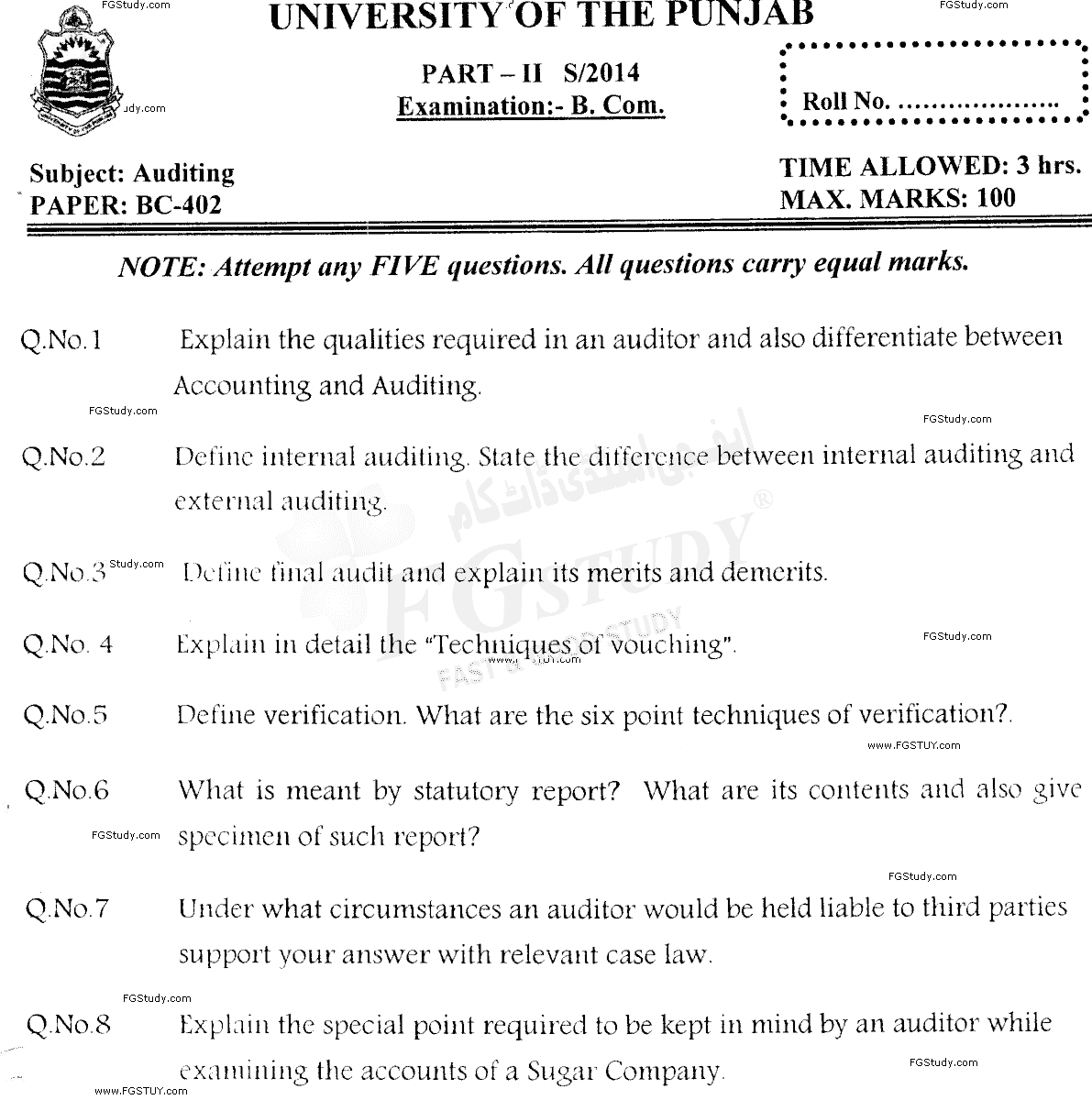 B Com Part 2 Auditing Past Paper 2014 Punjab University