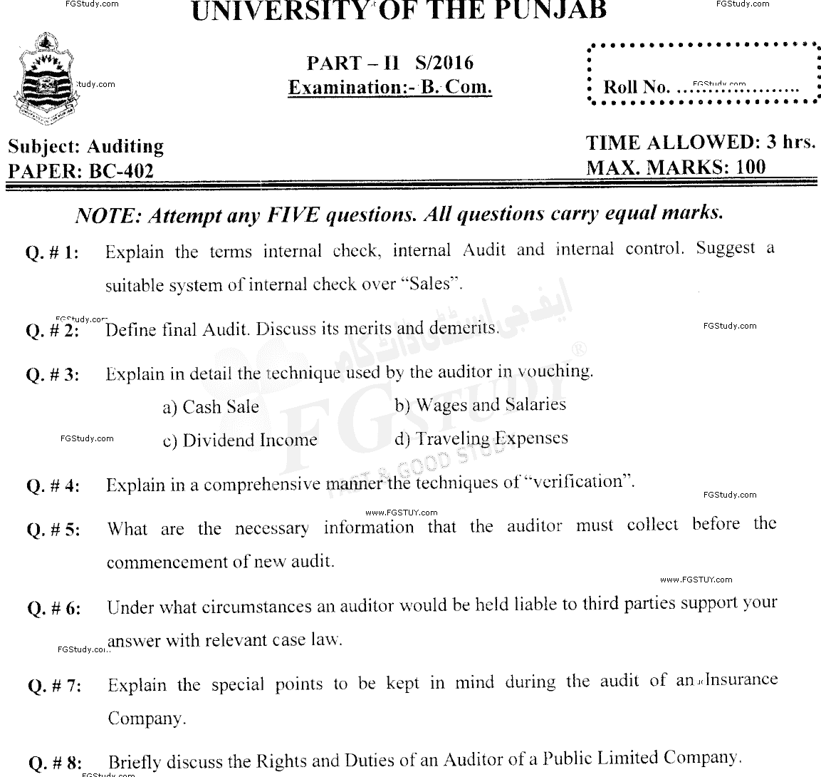 B Com Part 2 Auditing Past Paper 2016 Punjab University