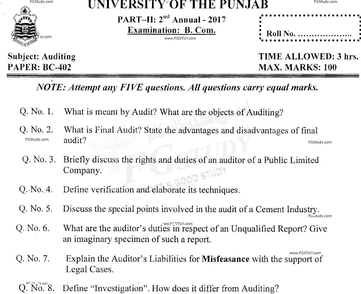B Com Part 2 Auditing Past Paper 2017 Punjab University