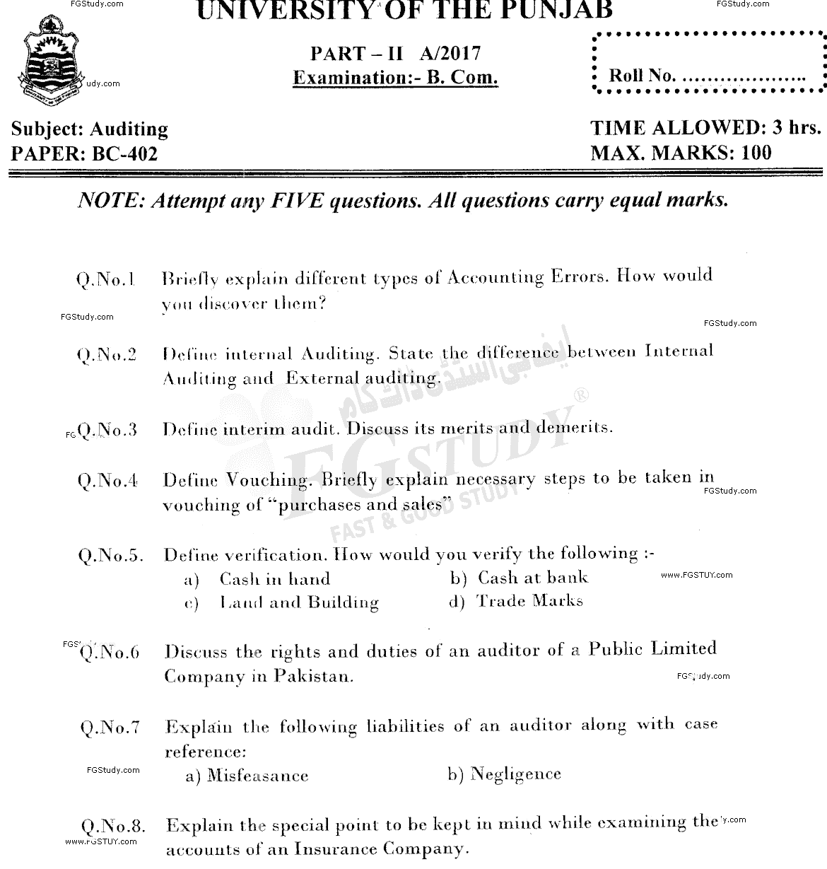 B Com Part 2 Auditing Past Paper 2017 Punjab University