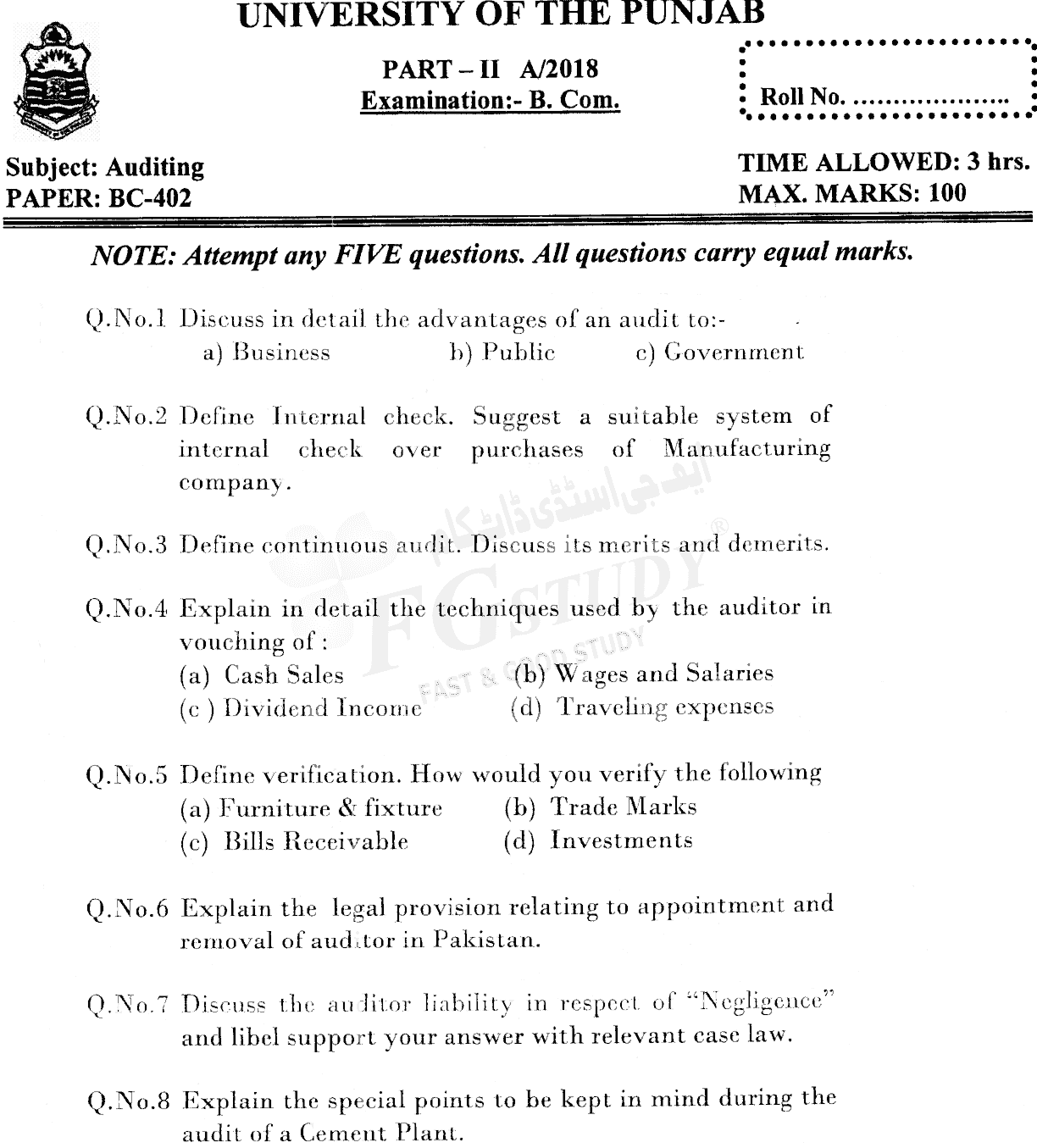 B Com Part 2 Auditing Past Paper 2018 Punjab University