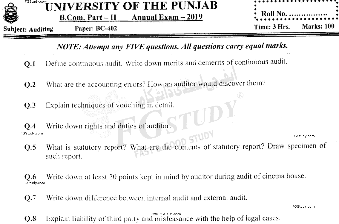B Com Part 2 Auditing Past Paper 2019 Punjab University