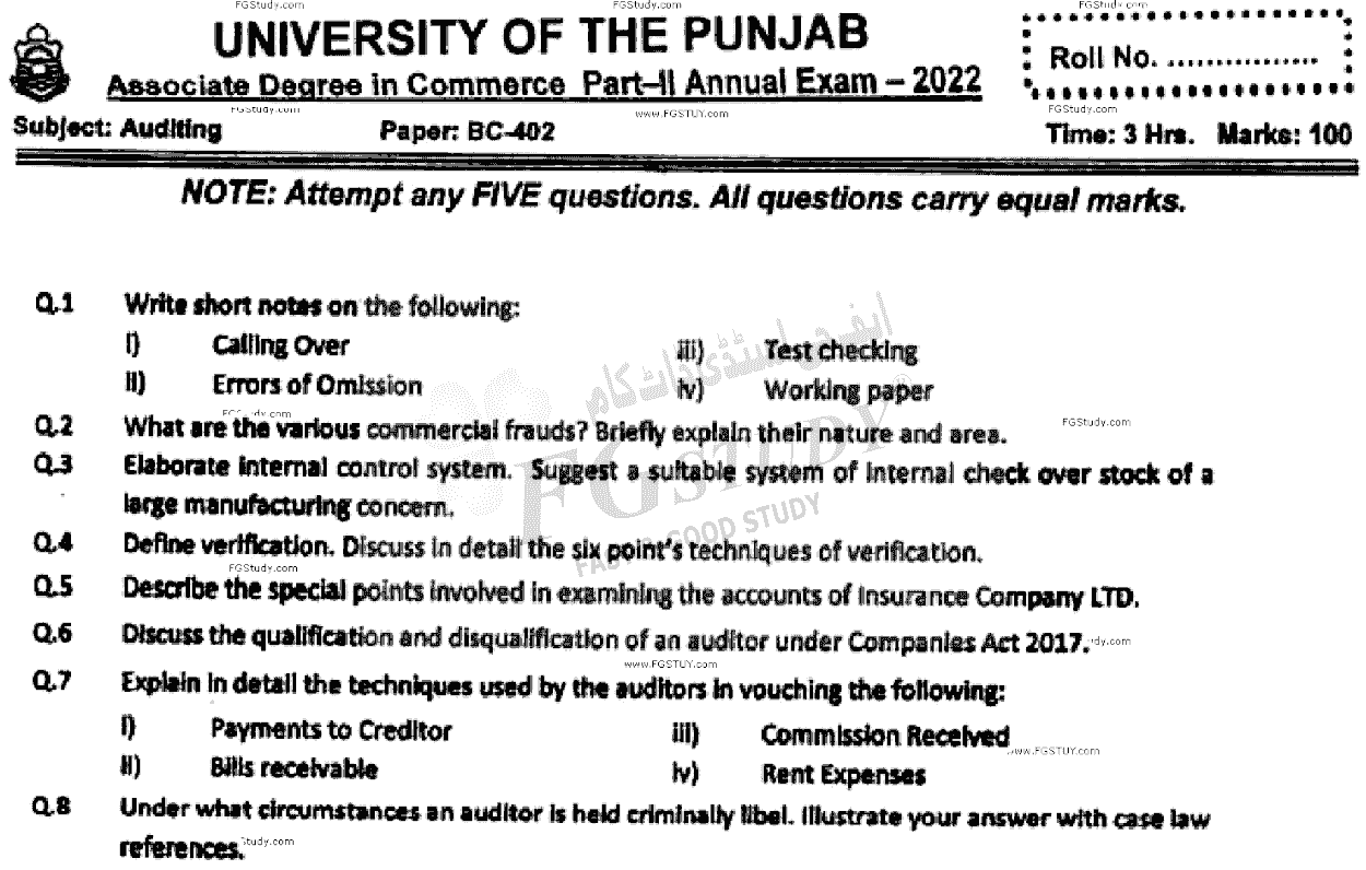 B Com Part 2 Auditing Past Paper 2022 Punjab University