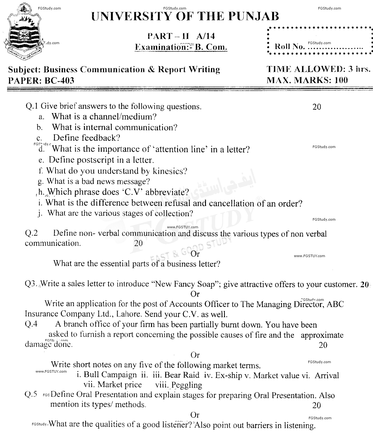 B Com Part 2 Business Communication And Report Writing Past Paper 2014 Punjab University