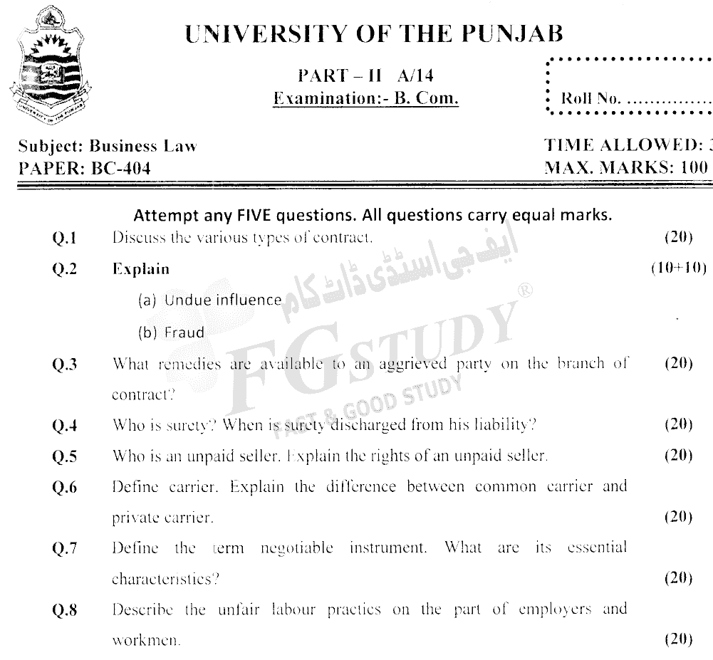 B Com Part 2 Business Law Past Paper 2014 Punjab University