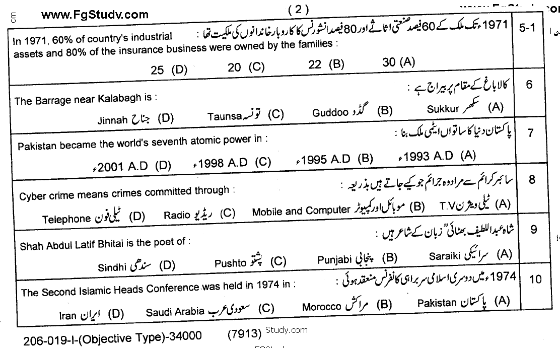 Pakistan Studies Paper Objective Group 1 10th Class Past Papers 2019 page 2