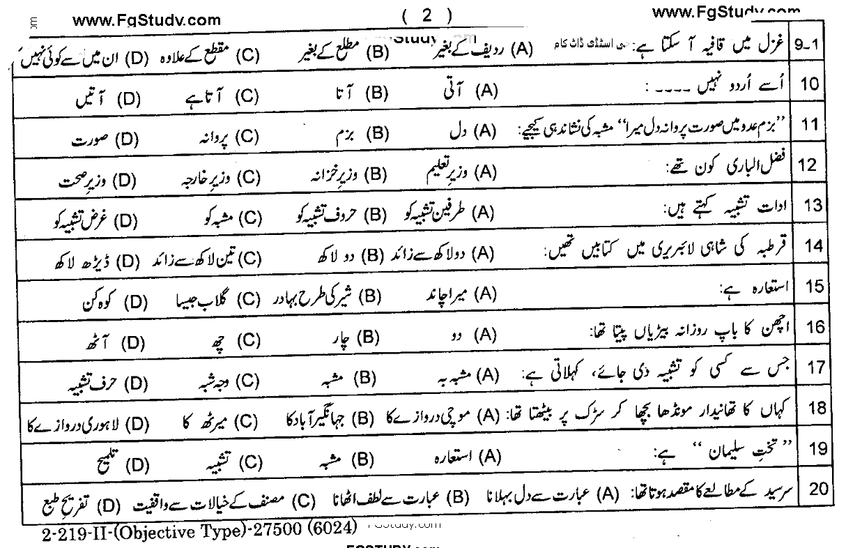 Urdu Compulsory Lahore Board Objective Group 2 11th Past Papers 2019