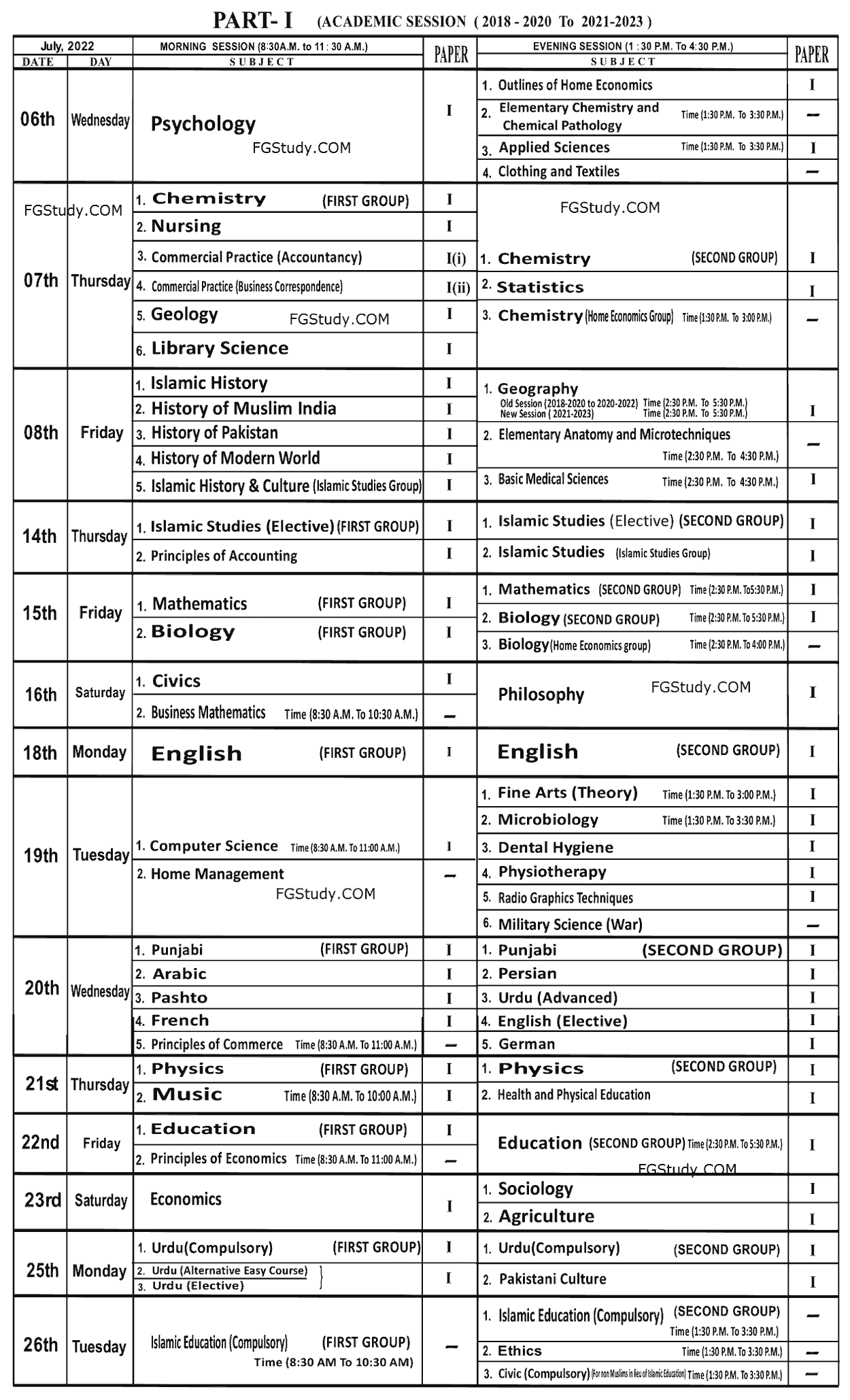 12th class lahore board date sheet 2022 Page 2