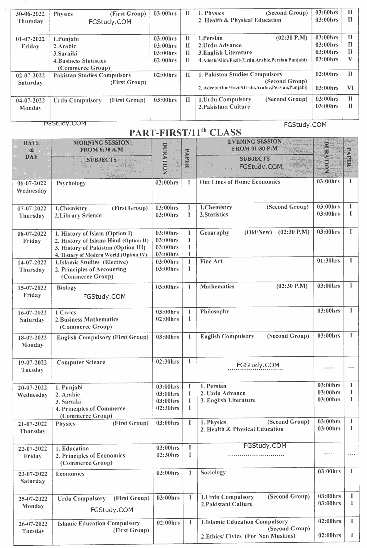 BISE Bahawalpur Board Inter Date Sheet 2022 page 2