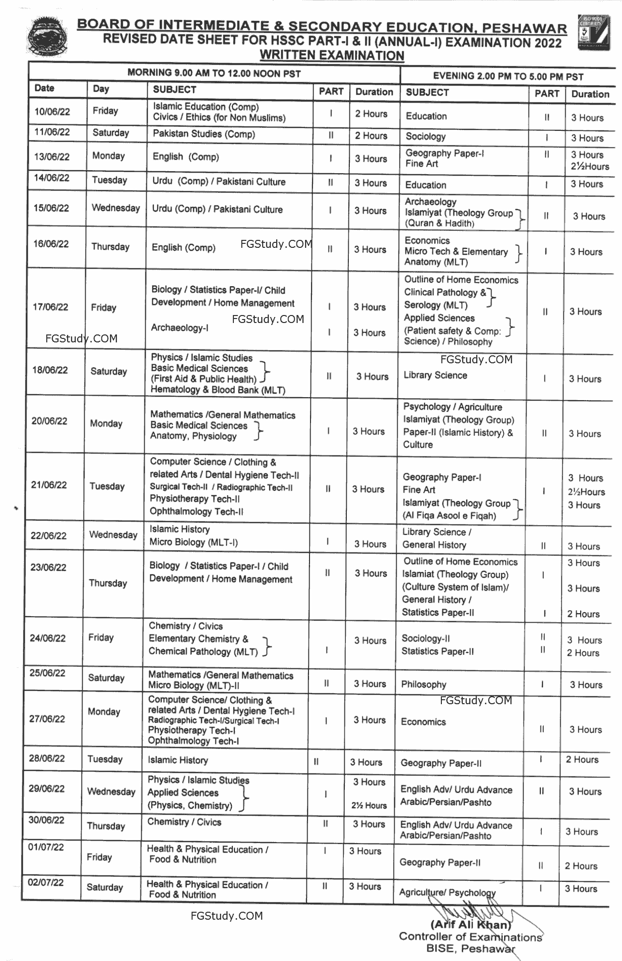 BISE Peshawar Board Date Sheet 2022 12th Class page 1