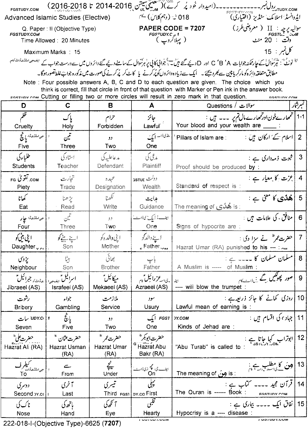 10th Class Advance Islamic Studies Past Paper 2018 Lahore Board Group 1 Objective