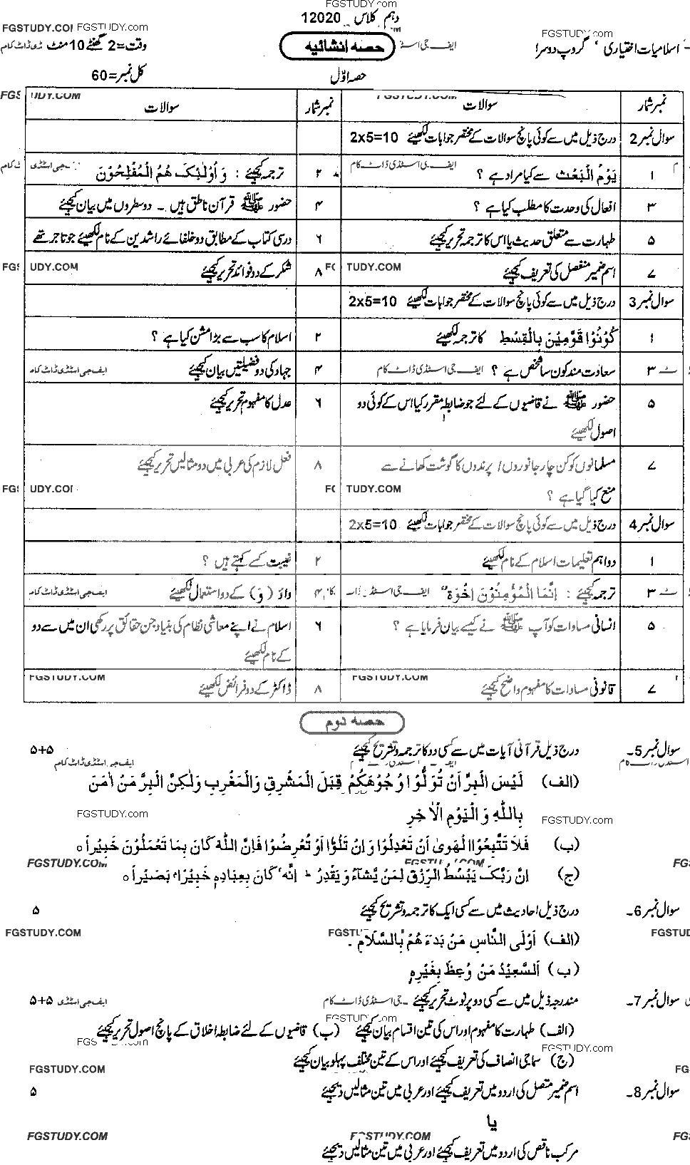 10th Class Advance Islamic Studies Past Paper 2020 Dg Khan Board Group 2 Subjective