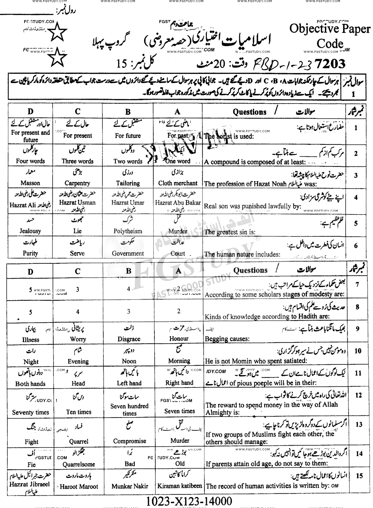 10th Class Advance Islamic Studies Past Paper 2023 Faisalabad Board Group 1 Objective