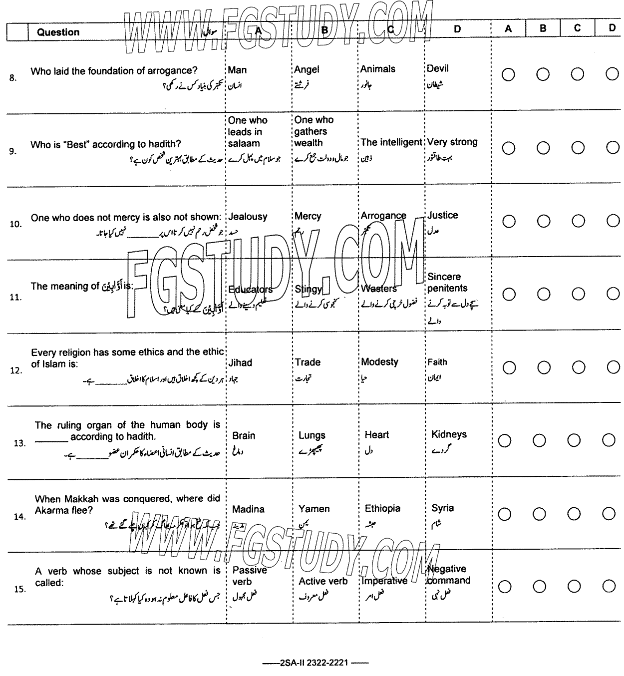 10th Class Advance Islamic Studies Past Paper 2023 Federal Board Islamabad Objective