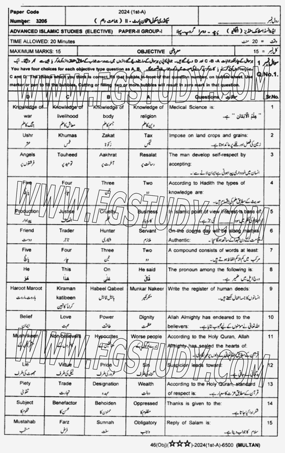 10th Class Advance Islamic Studies Past Paper 2024 Multan Board Group 1 Objective