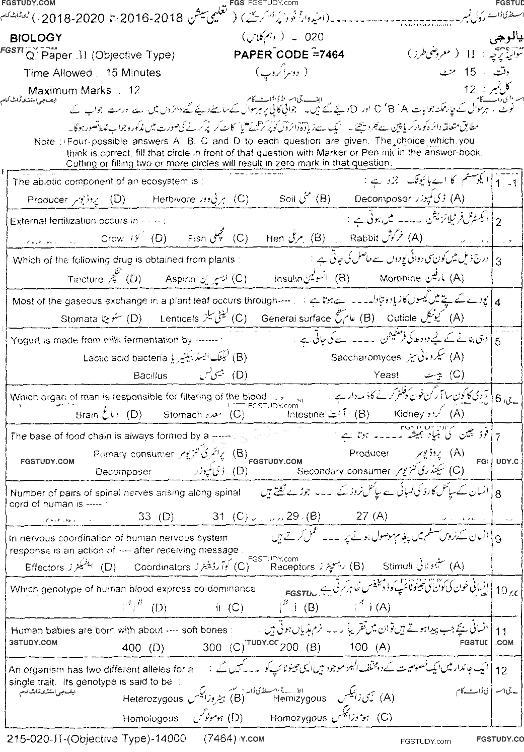 10th Class Biology Past Paper 2020 Lahore Board Group 2 Objective