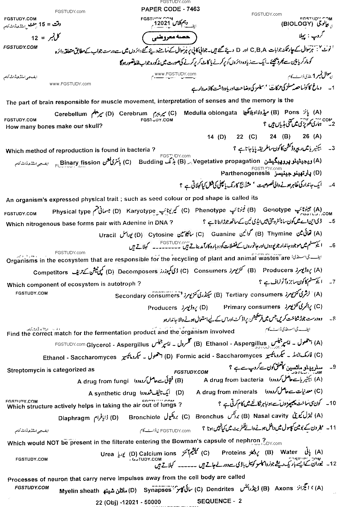 10th Class Biology Past Paper 2021 Dg Khan Board Group 1 Objective