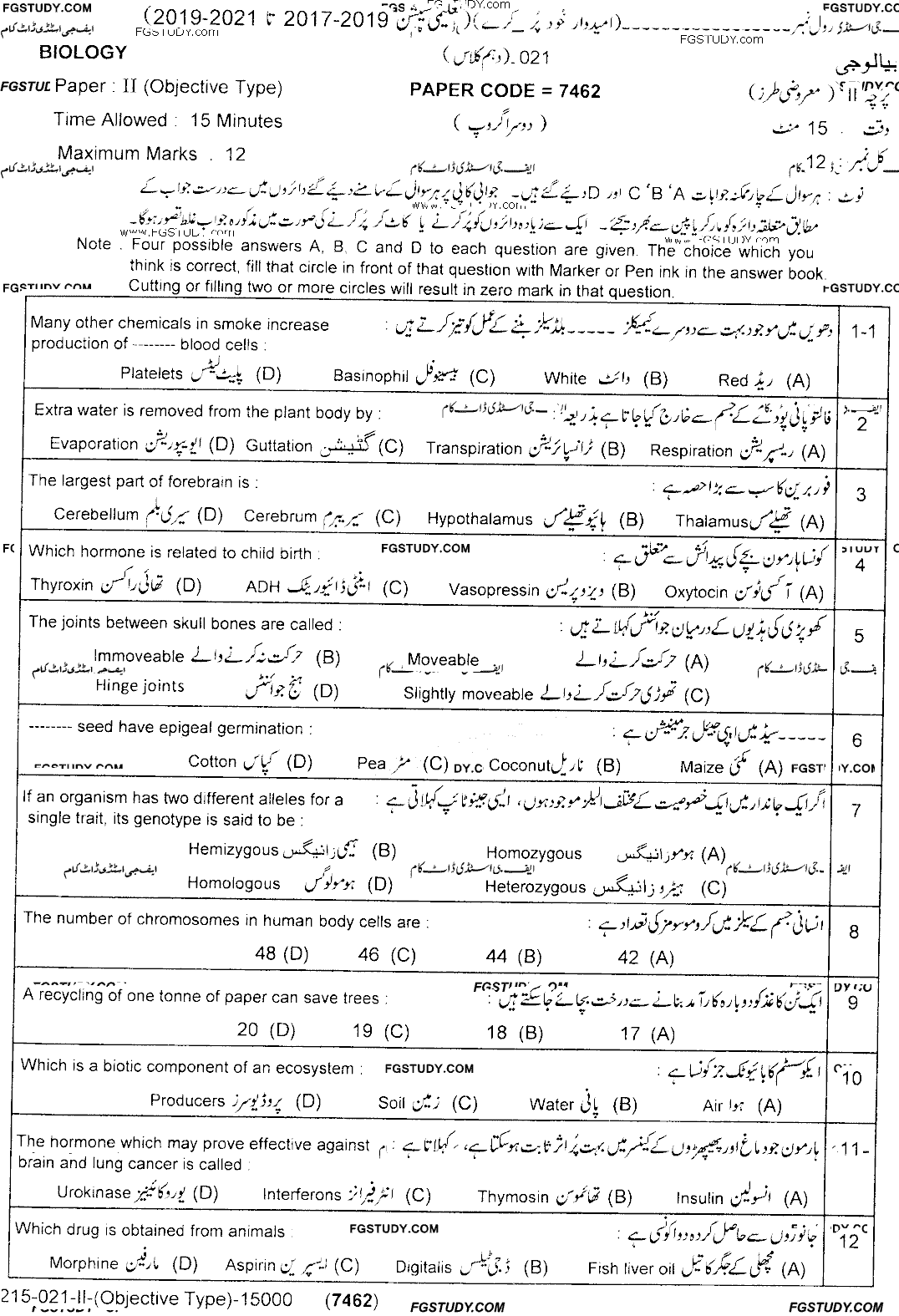 10th Class Biology Past Paper 2021 Lahore Board Group 2 Objective