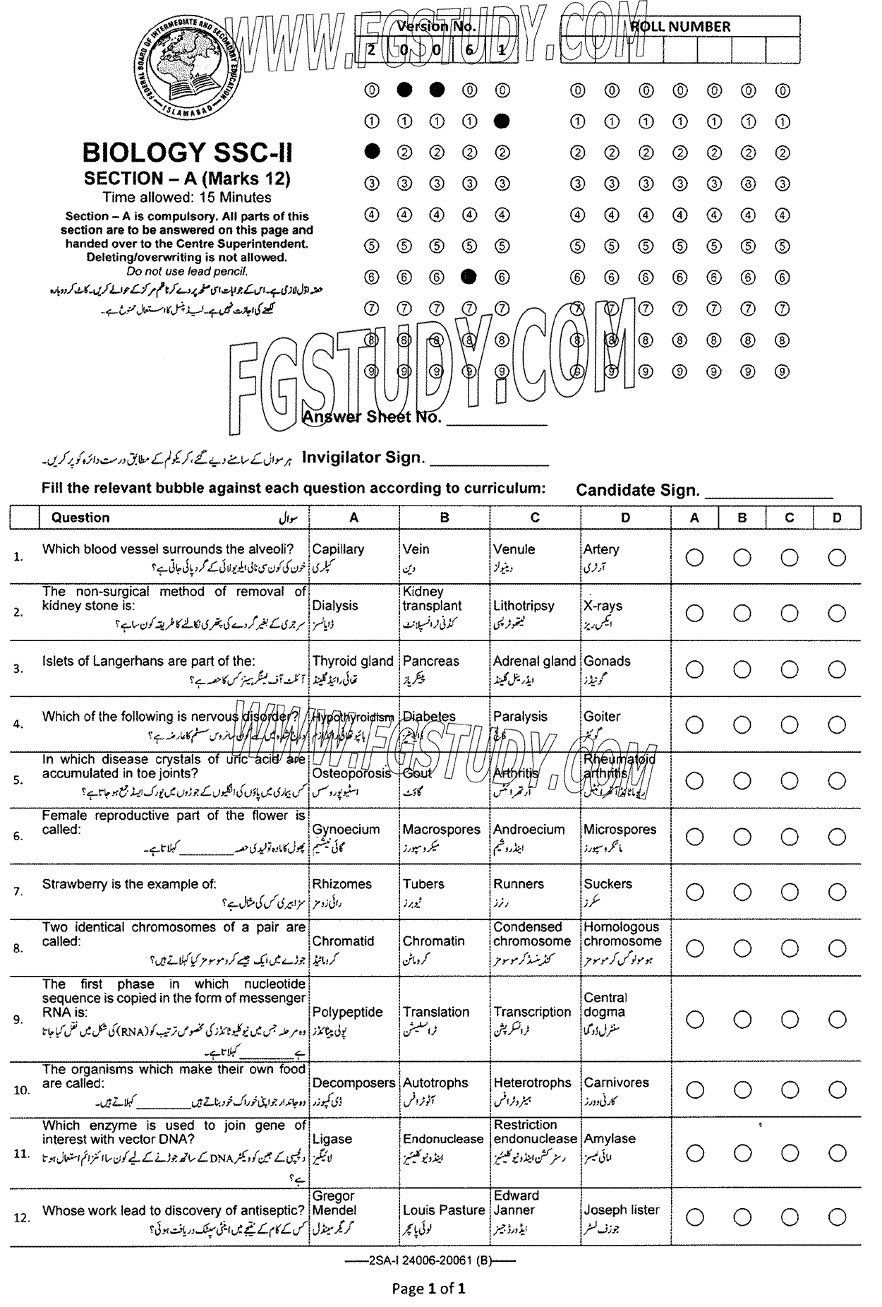 10th Class Biology Past Paper 2024 Federal Board Islamabad Group 1 Objective