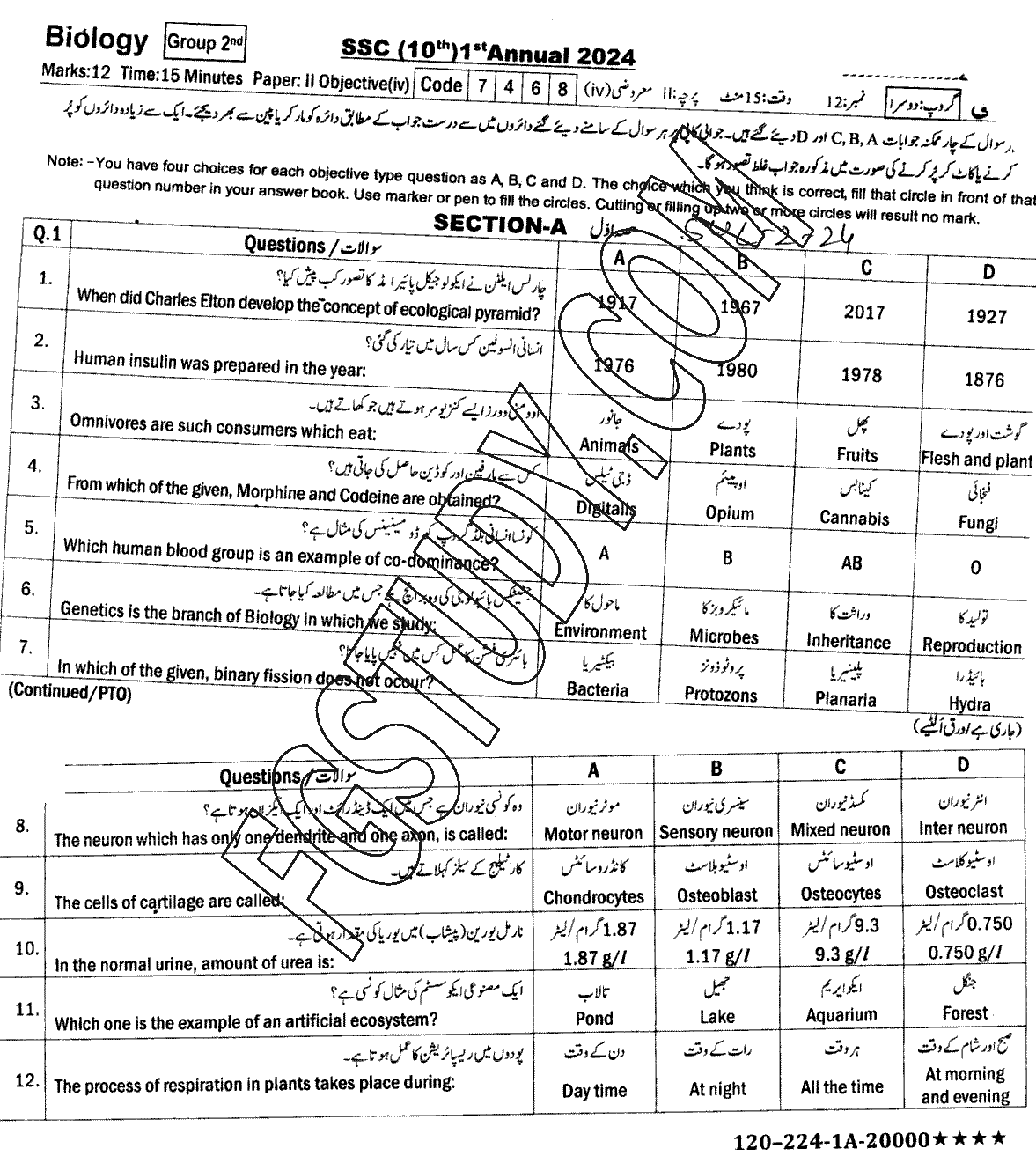 10th Class Biology Past Paper 2024 Sahiwal Board Group 2 Objective