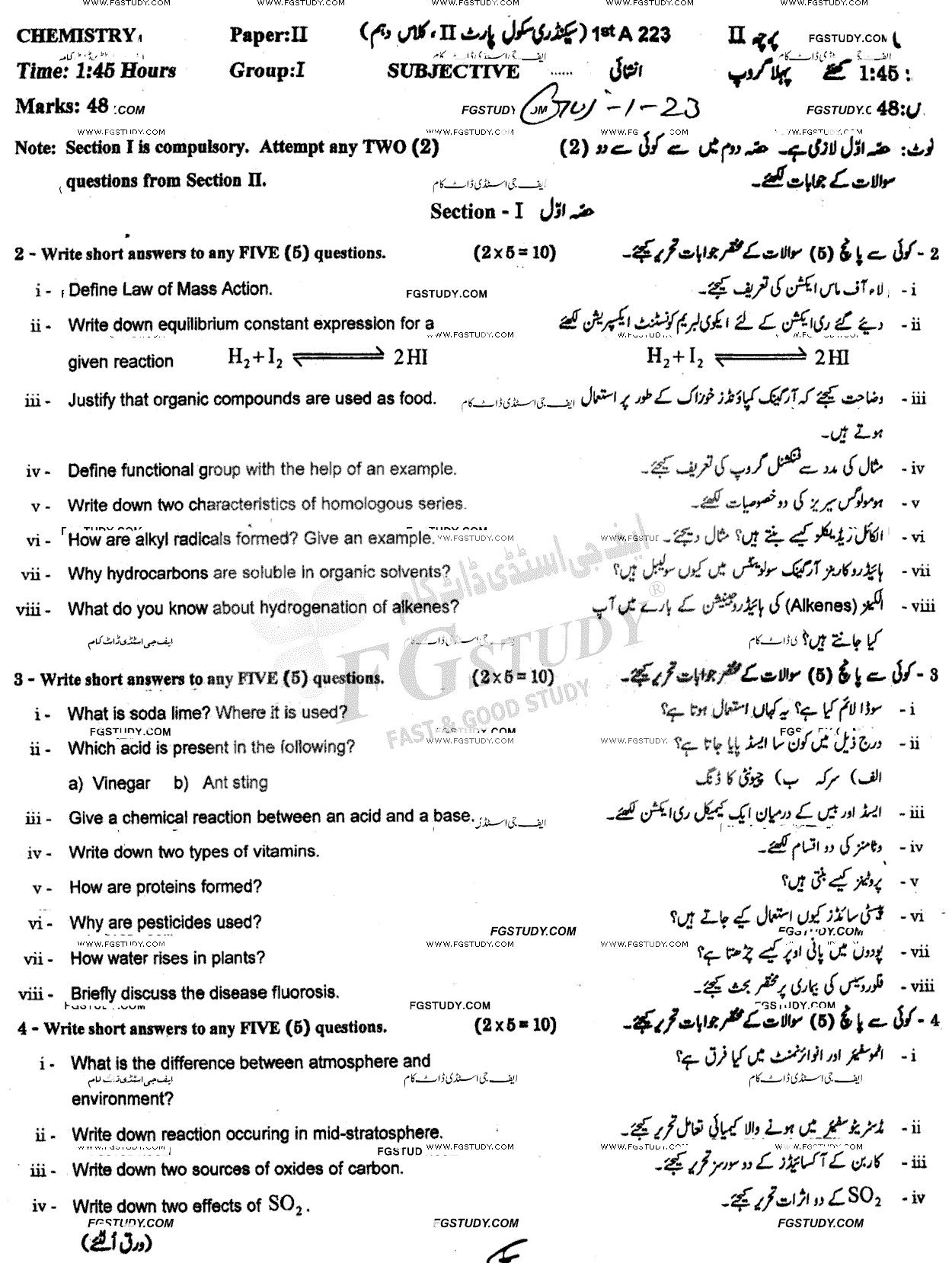 10th Class Chemistry Past Paper 2023 Gujranwala Board Group 1 Subjective