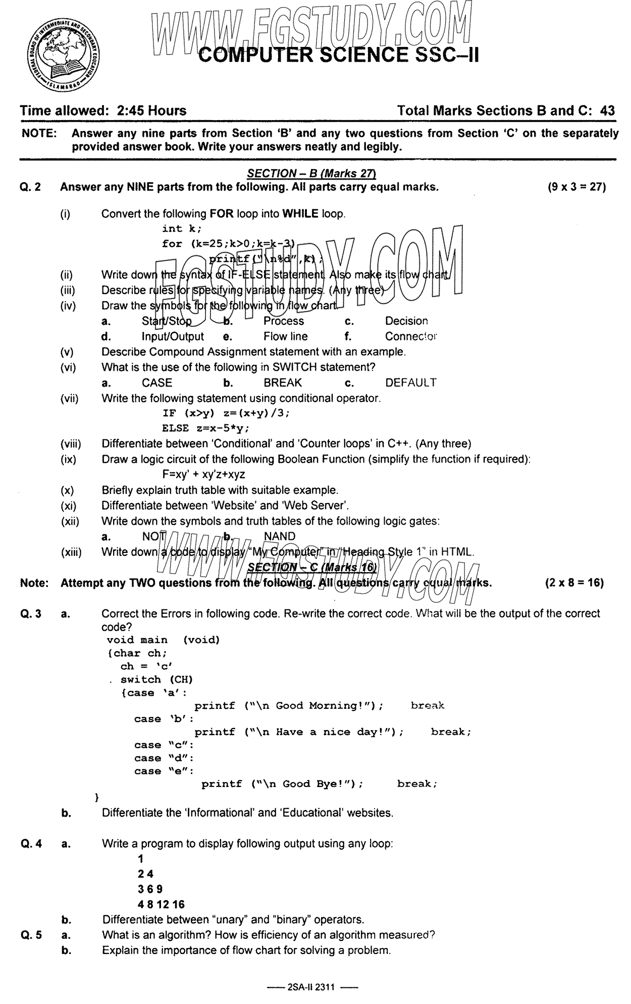 10th Class Computer Science Past Paper 2023 Federal Board Islamabad ...