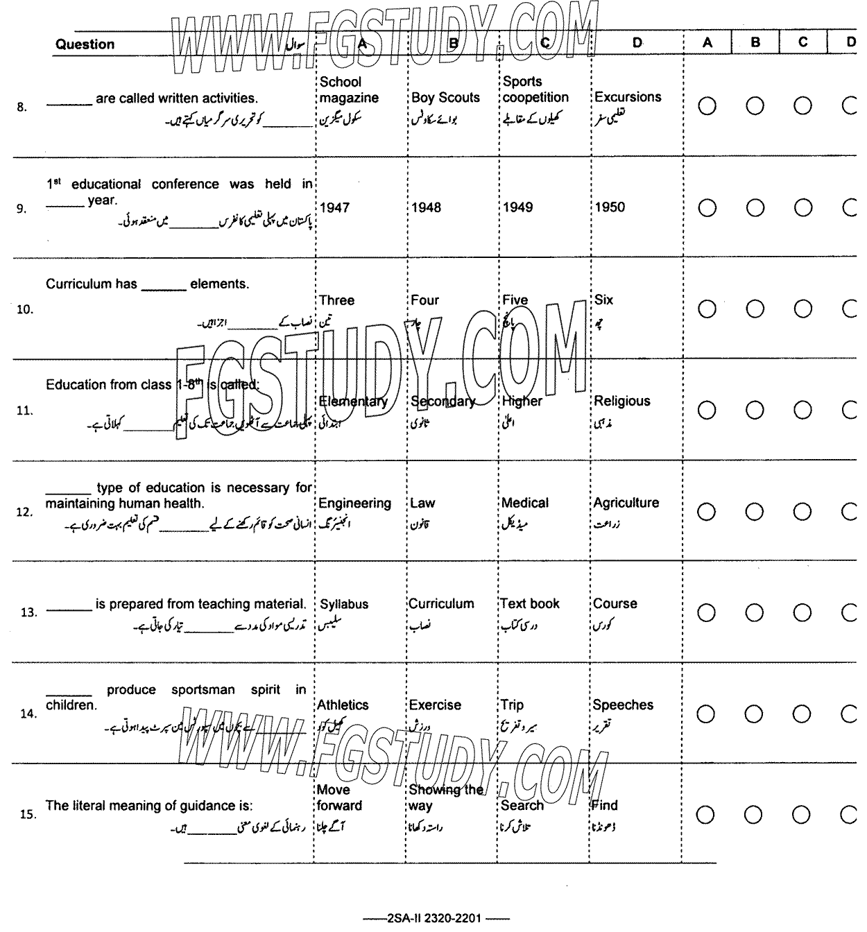 10th Class Education Past Paper 2023 Federal Board Islamabad Objective