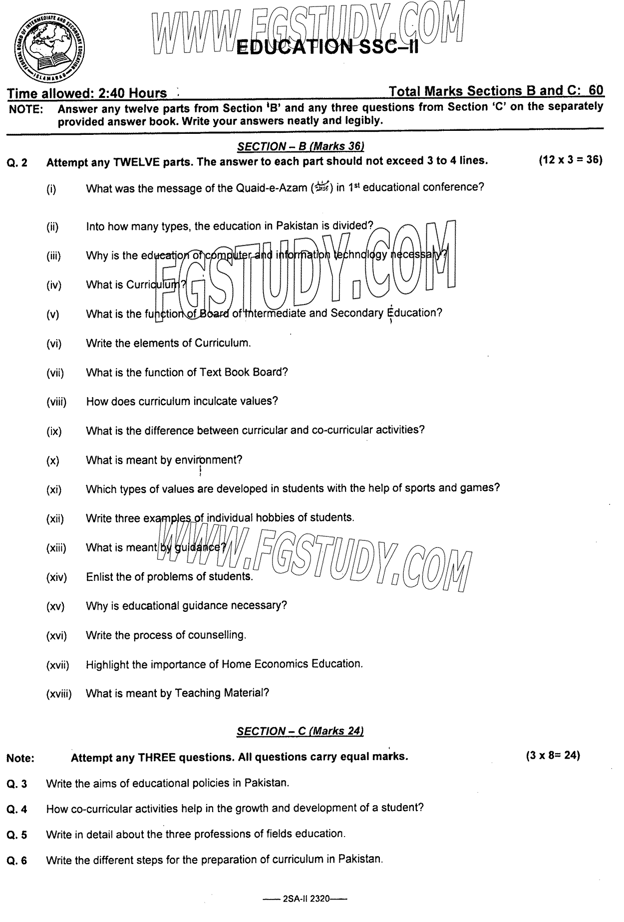 10th Class Education Past Paper 2023 Federal Board Islamabad Subjective