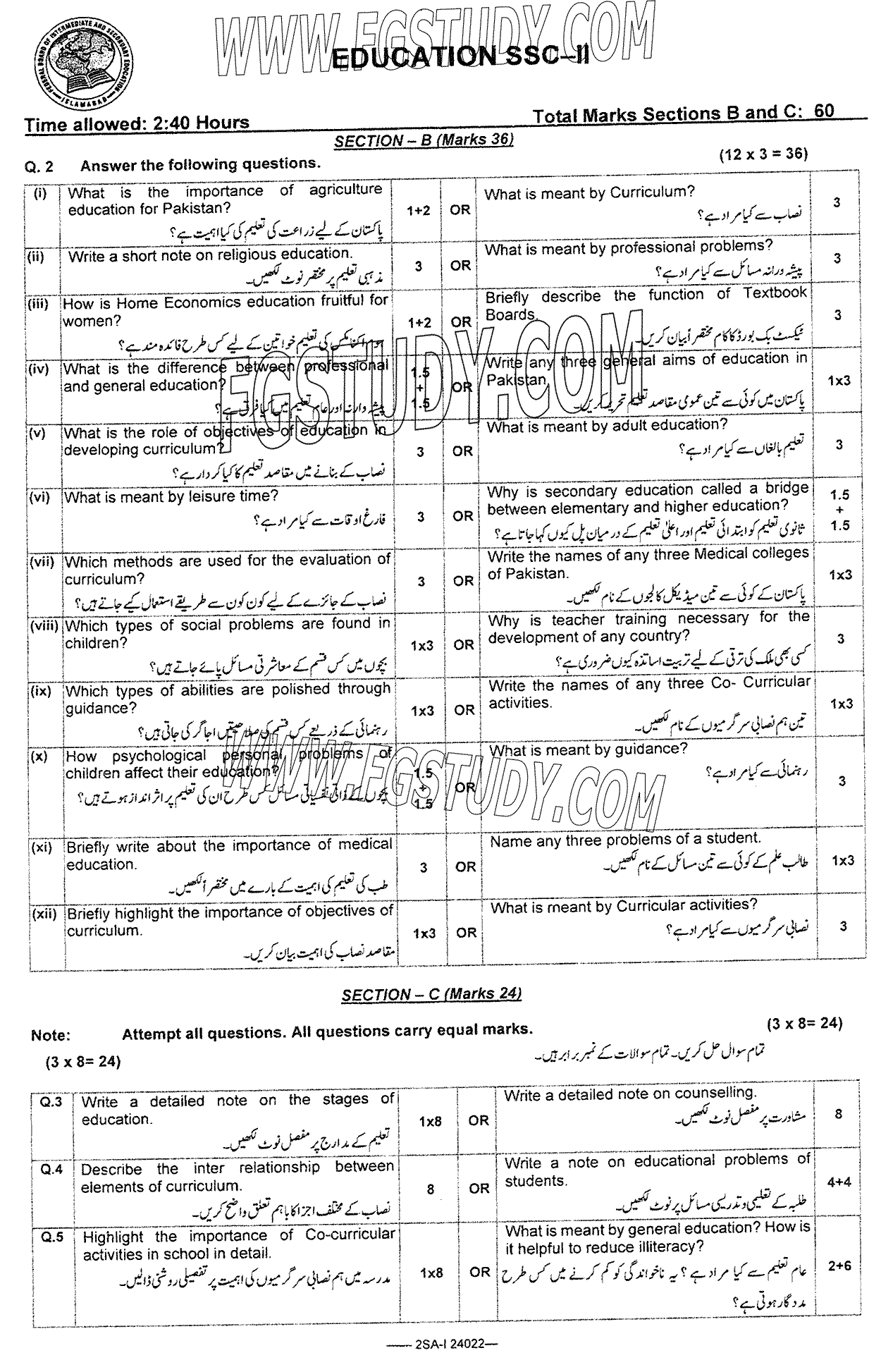 10th Class Education Past Paper 2024 Federal Board Islamabad Subjective