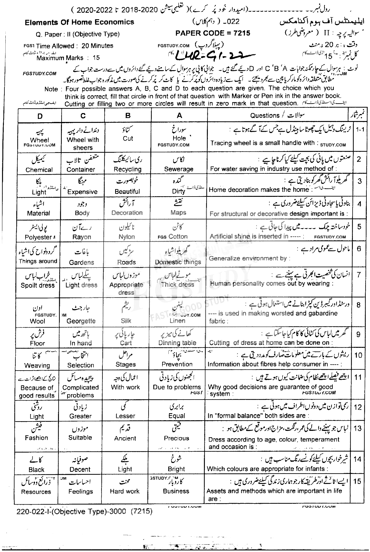 10th Class Elements Of Home Economics Past Paper 2022 Lahore Board Group 1 Objective