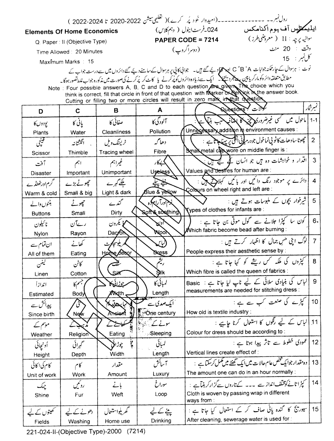 10th-class-elements-of-home-economics-past-paper-2024-lahore-board