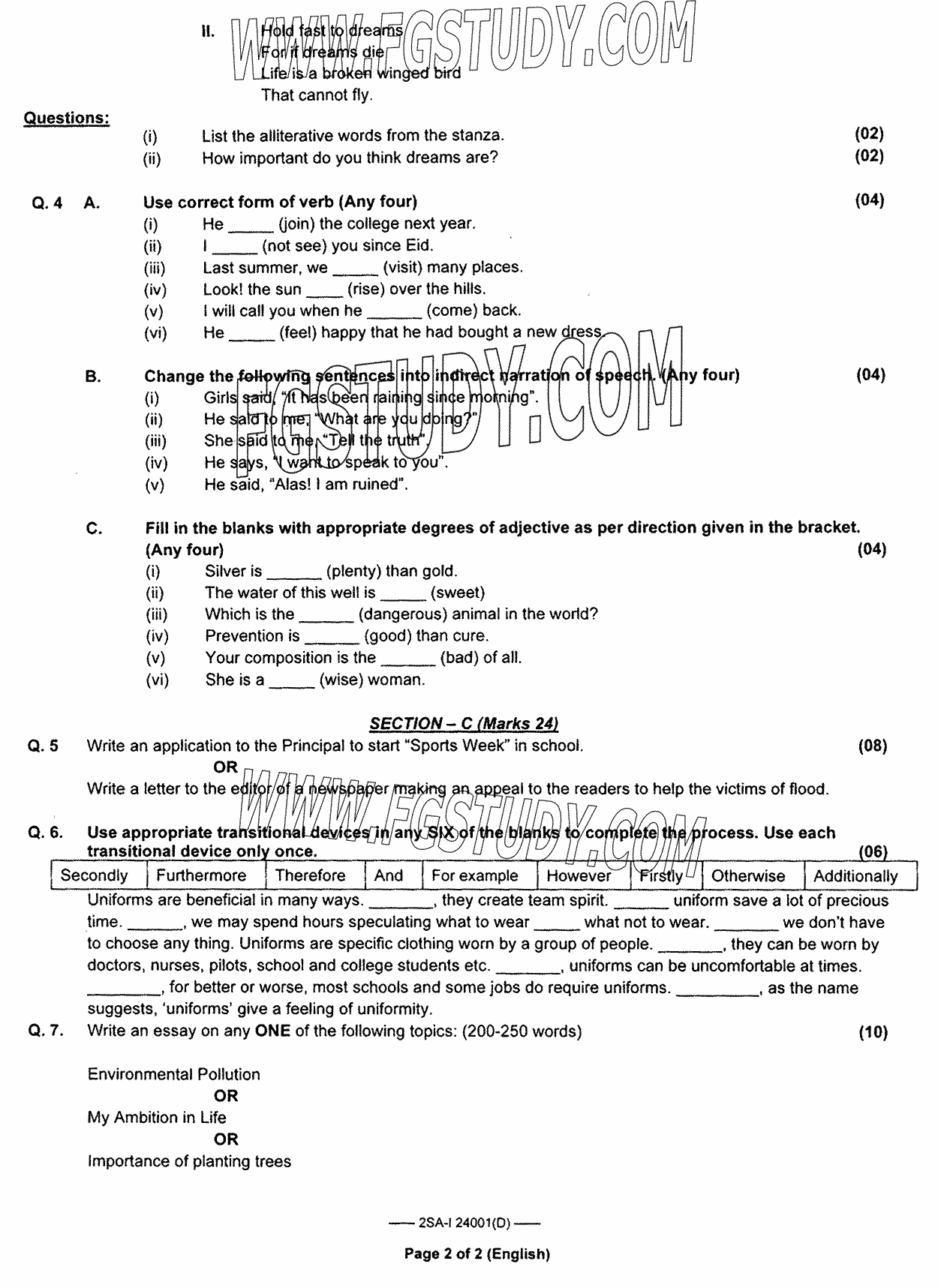 10th Class English Past Paper 2024 Federal Board Islamabad Group 1 Subjective
