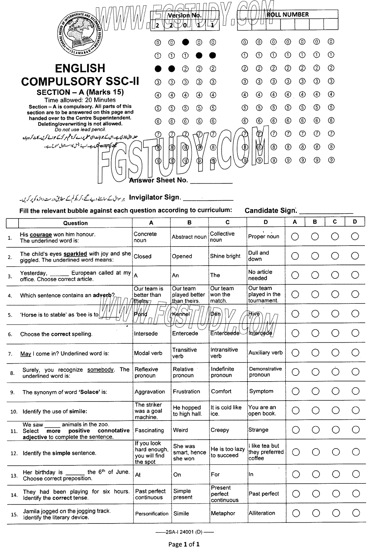 10th Class English Past Paper 2024 Federal Board Islamabad Group 2 Objective