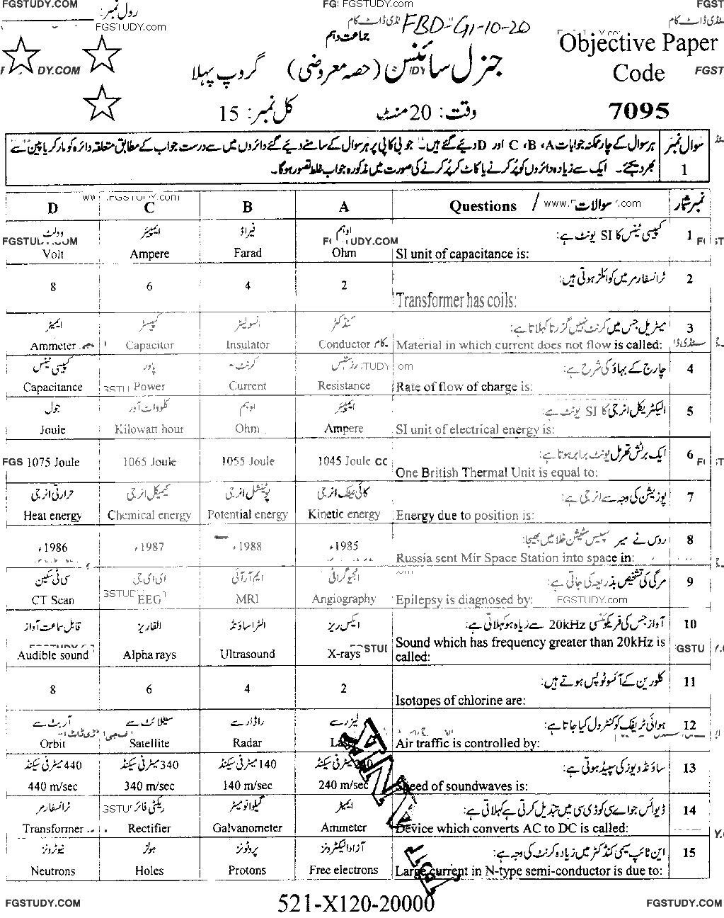 10th Class General Science Past Paper 2020 Faisalabad Board Group 1 Objective