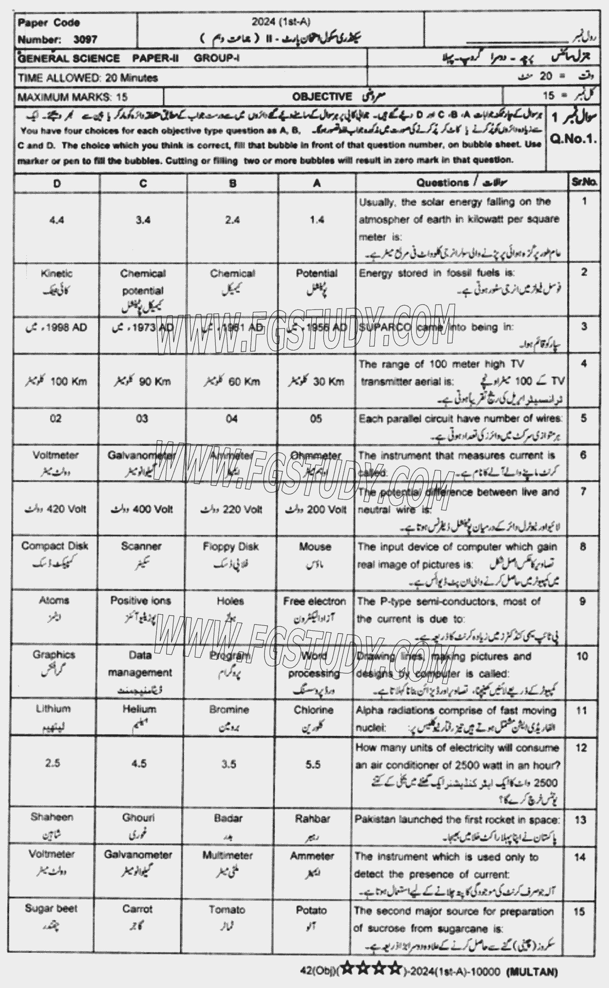 10th Class General Science Past Paper 2024 Multan Board Group 1 Objective