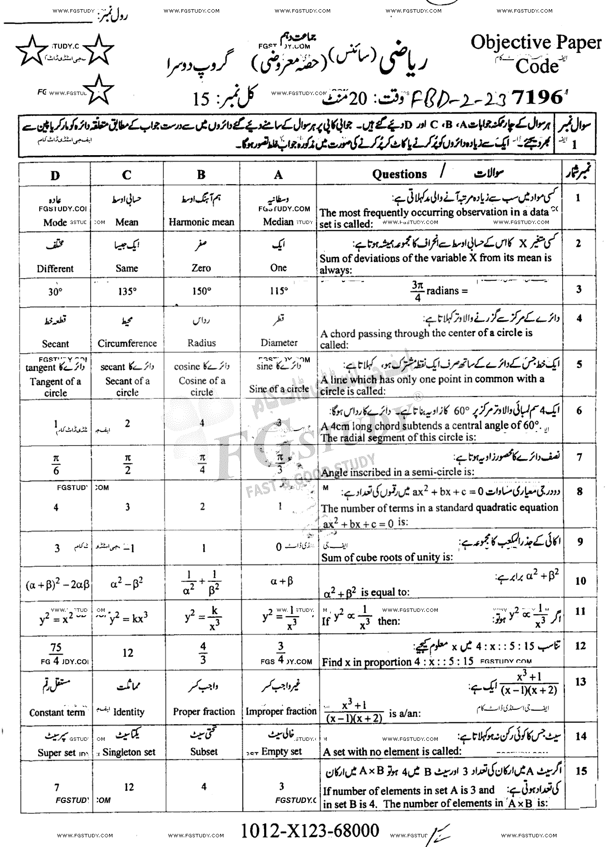 10th Class Mathematics Past Paper 2023 Faisalabad Board Group 2 Objective