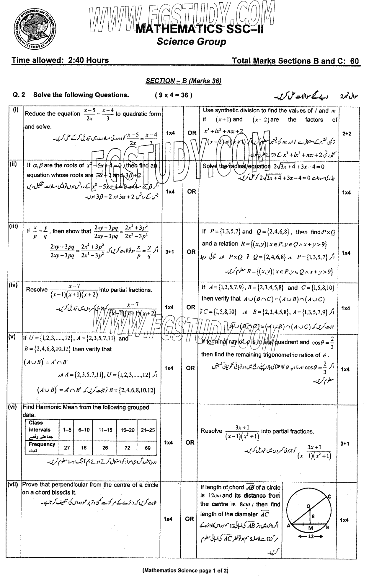 10th Class Mathematics Past Paper 2024 Federal Board Islamabad Group 2 Subjective