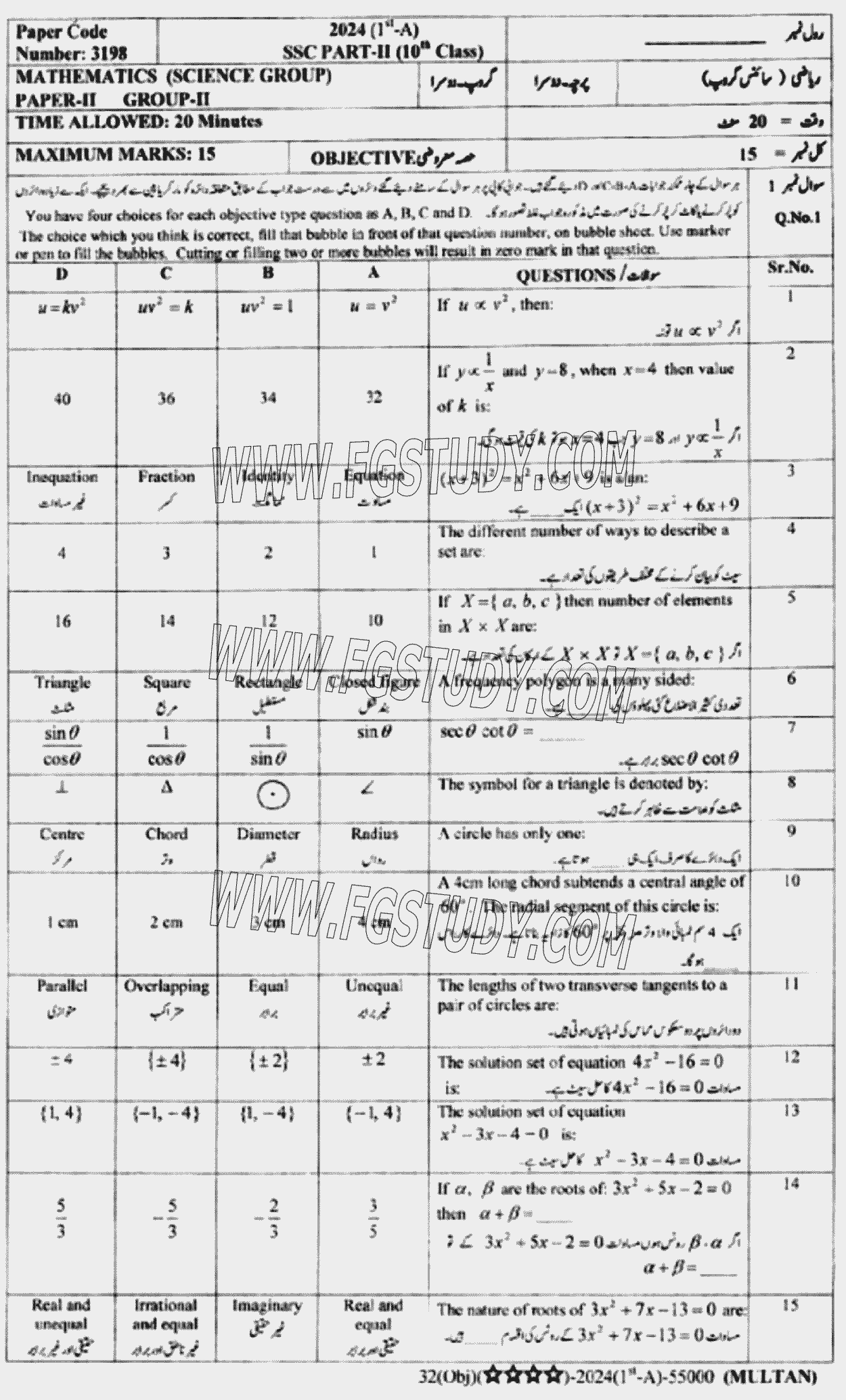 10th Class Mathematics Past Paper 2024 Multan Board Group 2 Objective