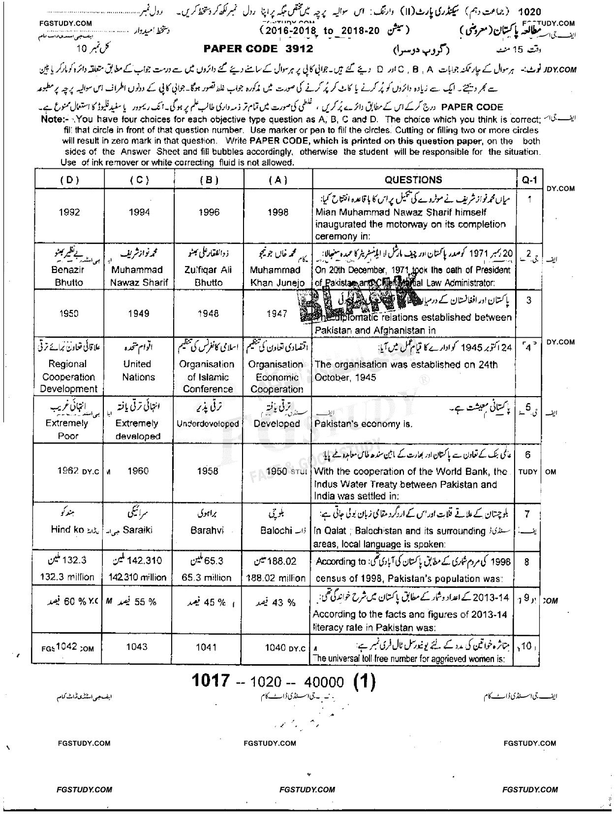 10th Class Pakistan Studies Past Paper 2020 Sargodha Board Group 2 Objective