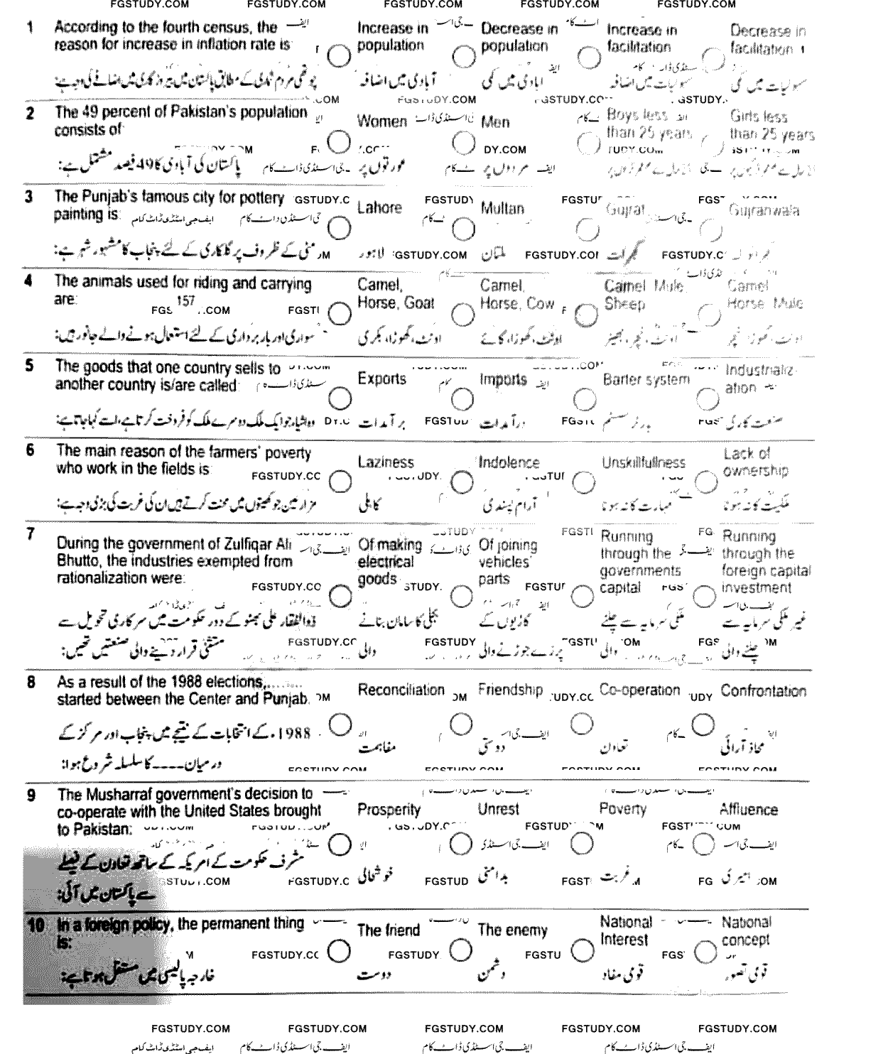 10th Class Pakistan Studies Past Paper 2024 Peshawar Board Objective