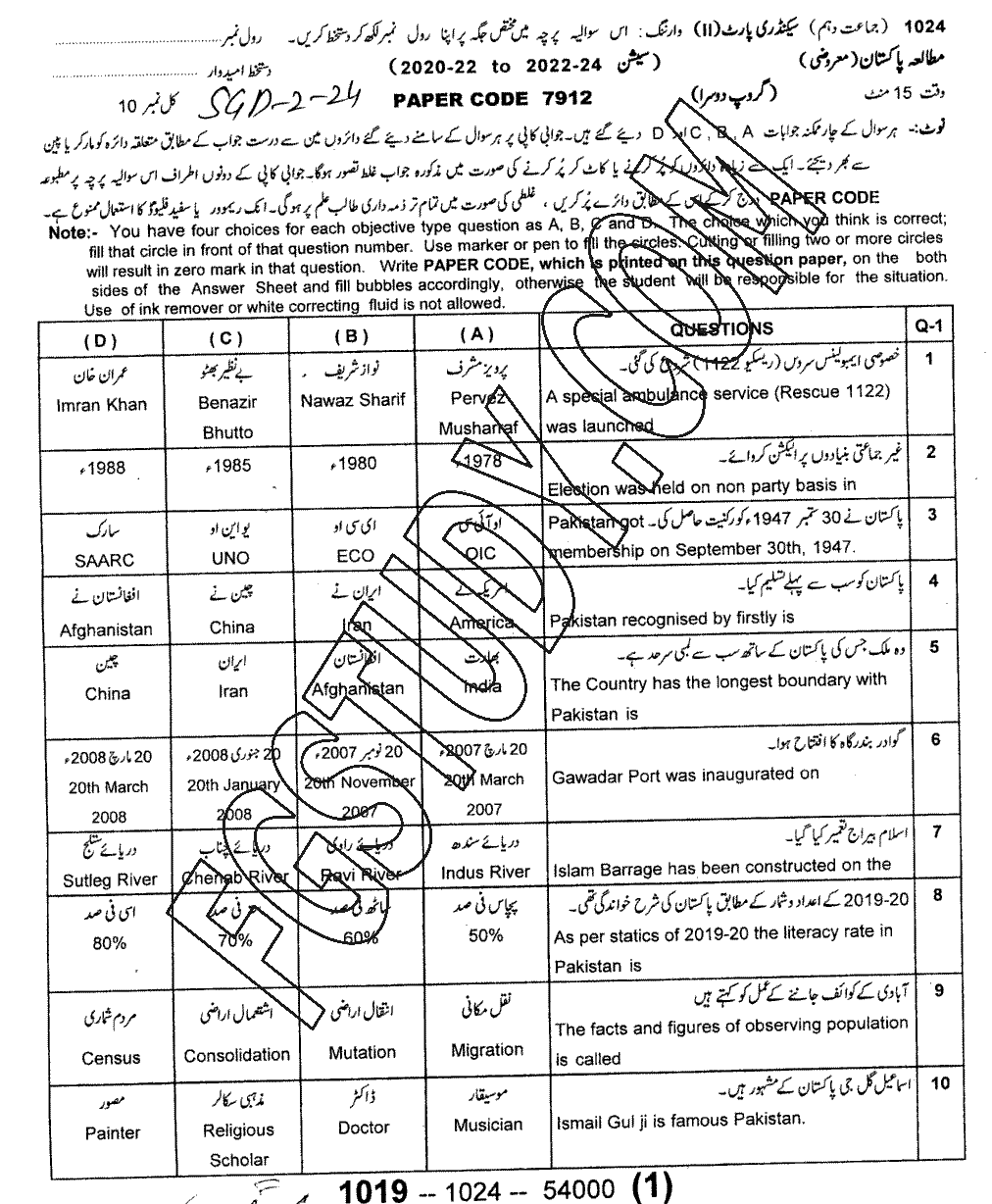 10th Class Pakistan Studies Past Paper 2024 Sargodha Board Group 2 Objective