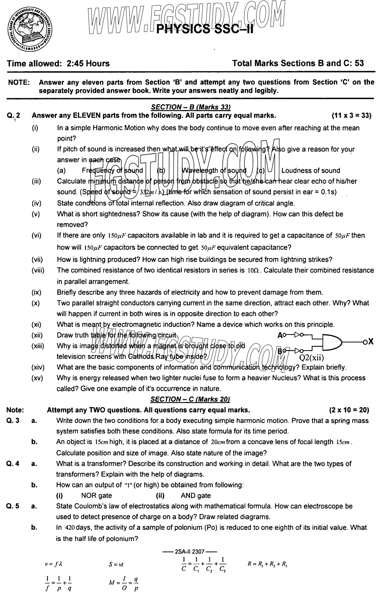 10th Class Physics Past Paper 2023 Federal Board Islamabad Subjective