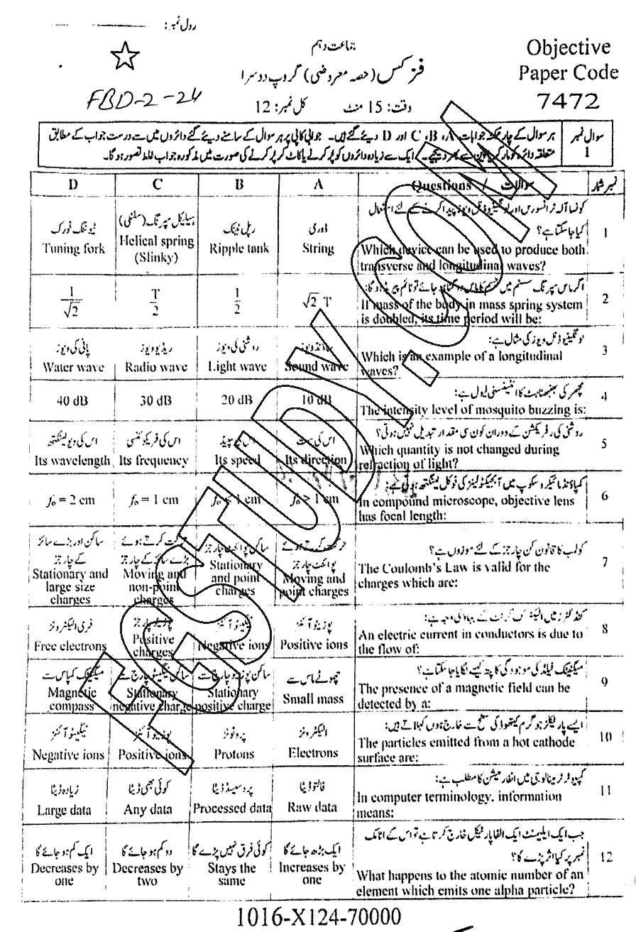 10th Class Physics Past Paper 2024 Faisalabad Board Group 2 Objective