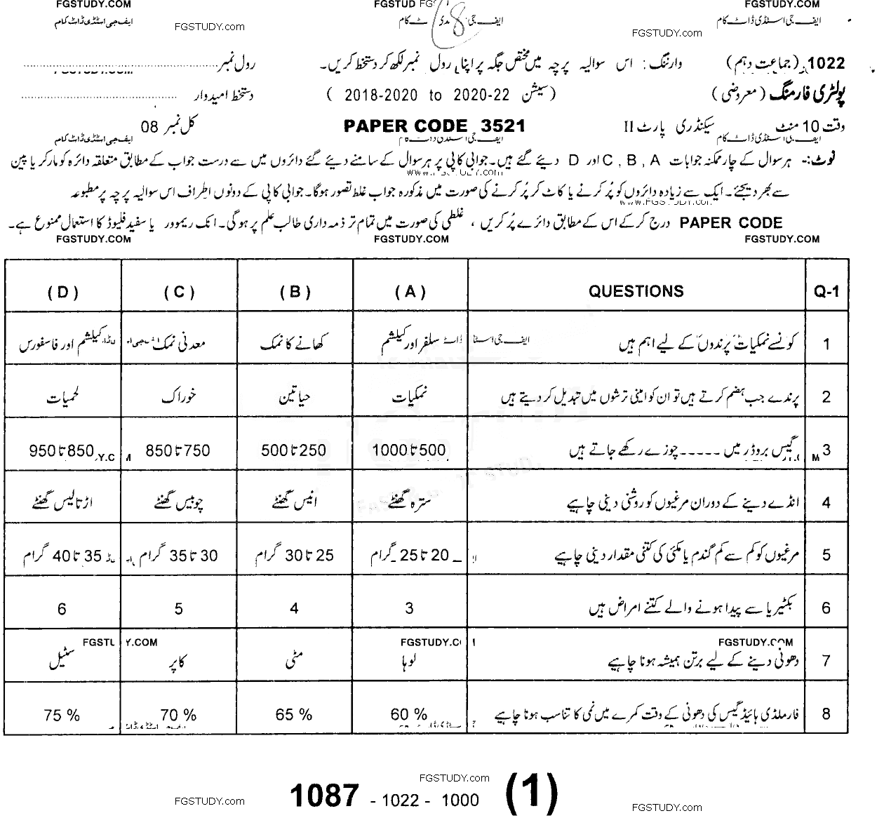 10th Class Poultry Farming Past Paper 2022 Sargodha Board Objective