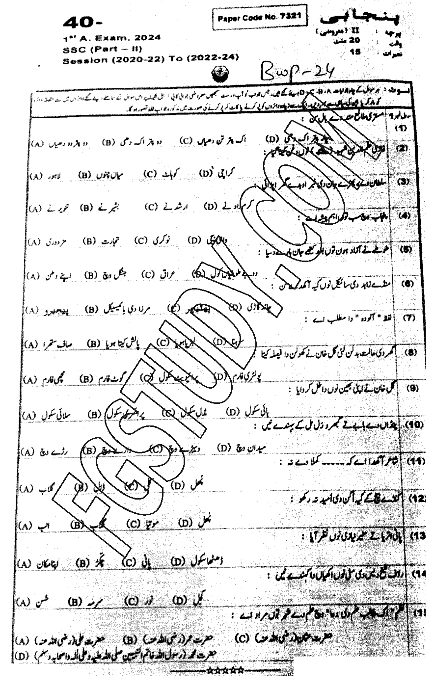 10th Class Punjabi Past Paper 2024 Bahawalpur Board Objective