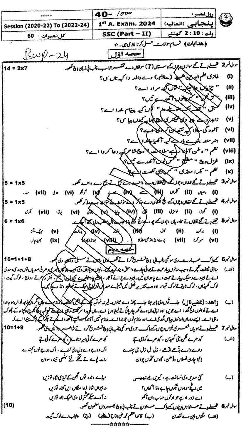 10th Class Punjabi Past Paper 2024 Bahawalpur Board Subjective