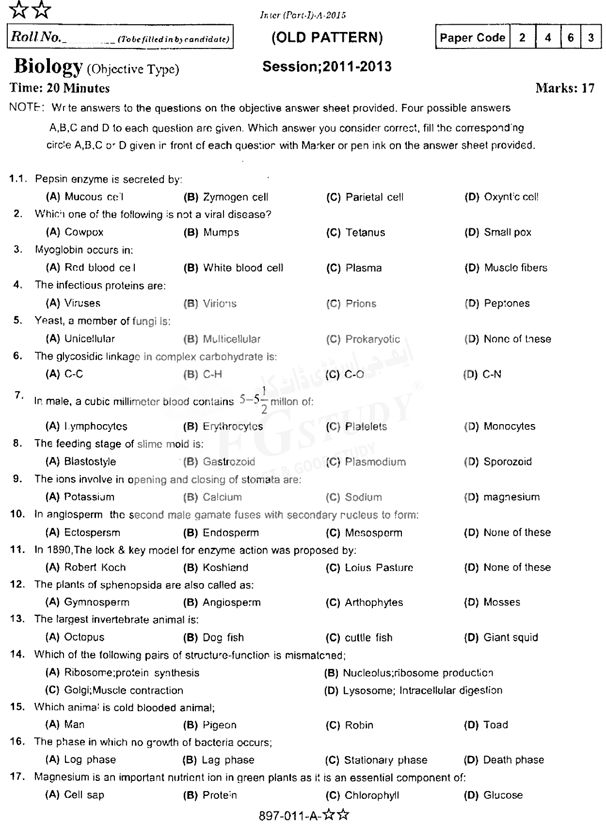 11th Class Biology Past Paper 2015 Rawalpindi Board Objective