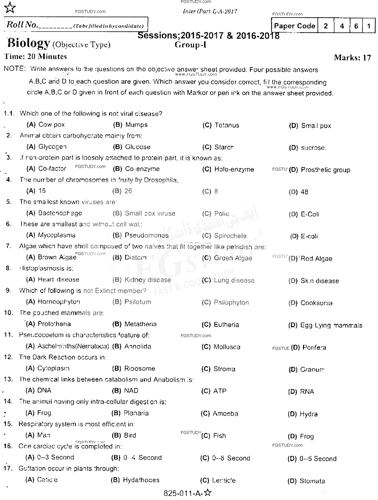 11th Class Biology Past Paper 2017 Rawalpindi Board Group 1 Objective