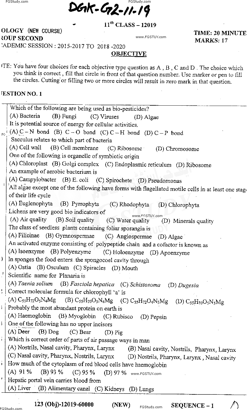 11th Class Biology Past Paper 2019 Dg Khan Board Group 2 Objective