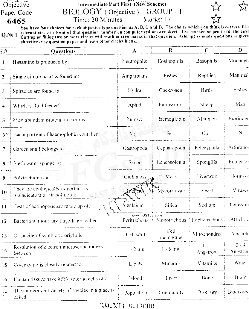 11th Class Biology Past Paper 2019 Faisalabad Board Group 1 Objective